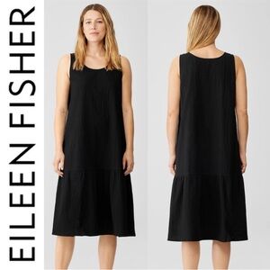 EILEEN Fisher Black Organic Cotton Seersucker Pucker Tiered Dress, Size Small